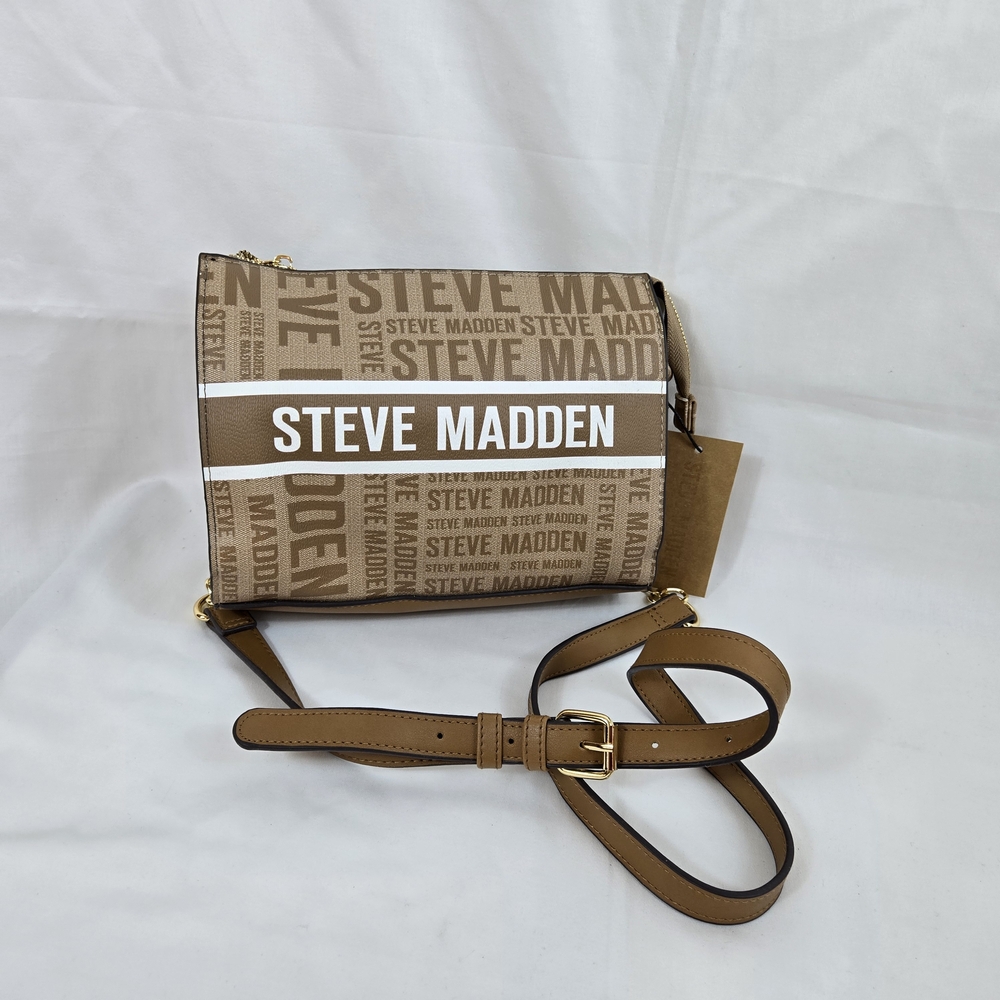Steve Madden Brown Tan Saddle Blexi Stripe Adjustable Strap Crossbody Bag NEW